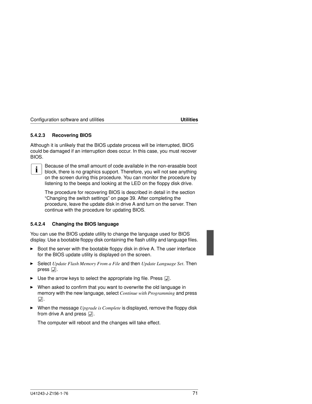 Fujitsu N800 manual Recovering Bios, Changing the Bios language 