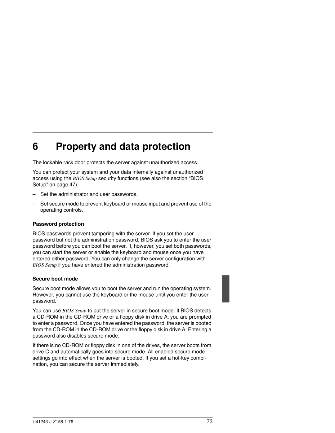 Fujitsu N800 manual Property and data protection, Password protection, Secure boot mode 