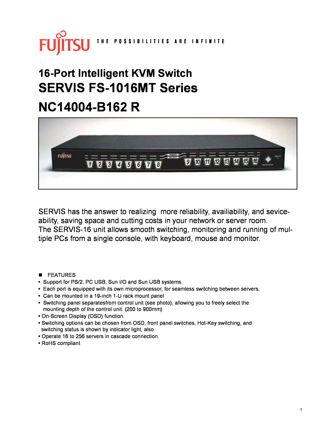 Fujitsu NC14004-B162 R manual SERVIS FS-1016MTSeries NC14004-B162R, PortIntelligent KVM Switch 