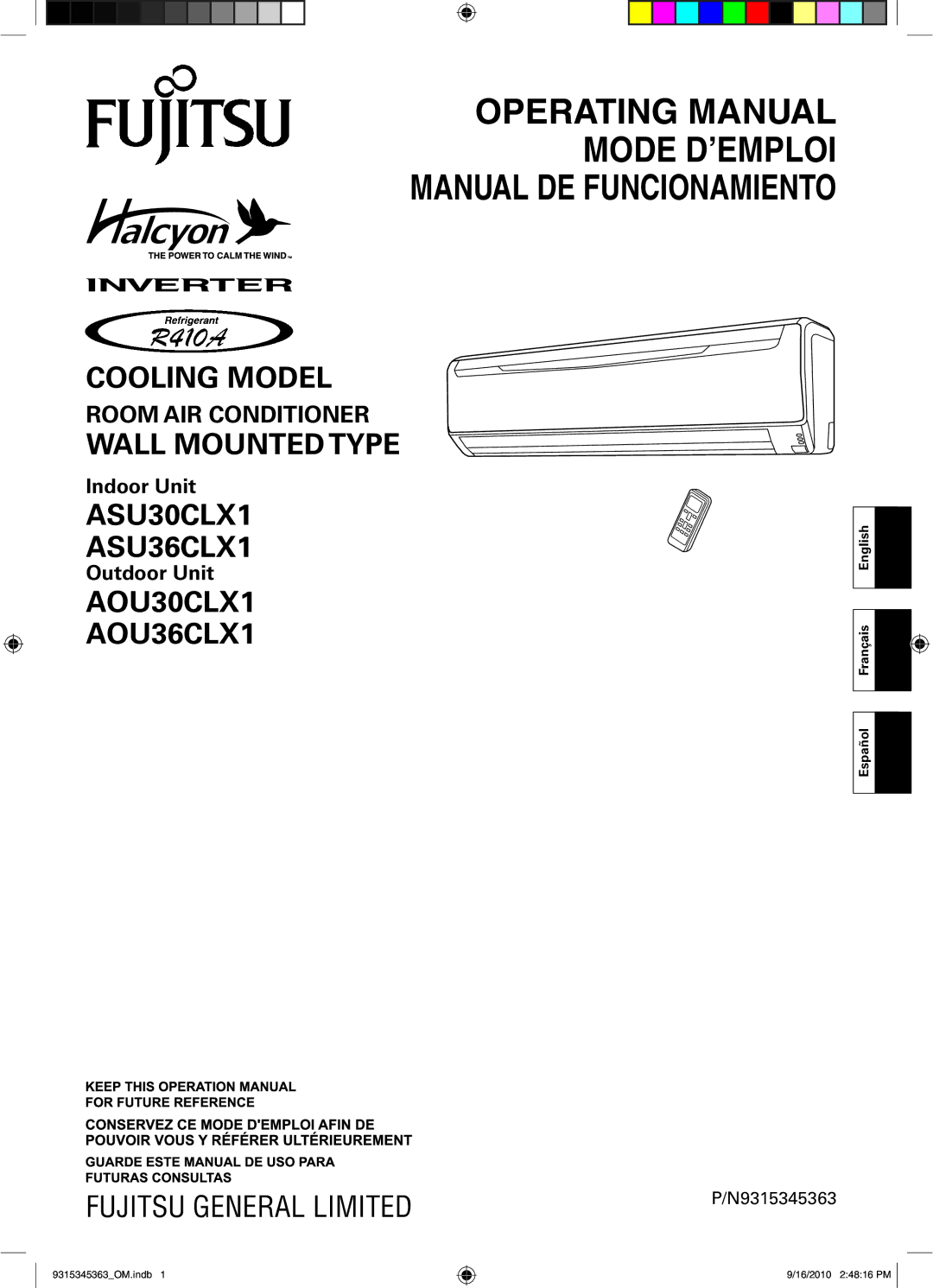 Fujitsu INVERTER, ASU36CLX1 manual Operating Manual Mode D’EMPLOI Manual DE Funcionamiento, Español Français English 