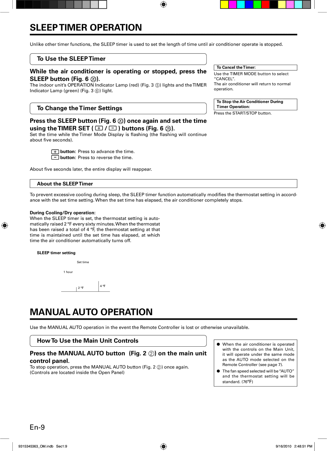 Fujitsu Outdoor Unit AOU30CLX1, INVERTER manual Sleep Timer Operation, Manual Auto Operation, En-9, About the Sleep Timer 