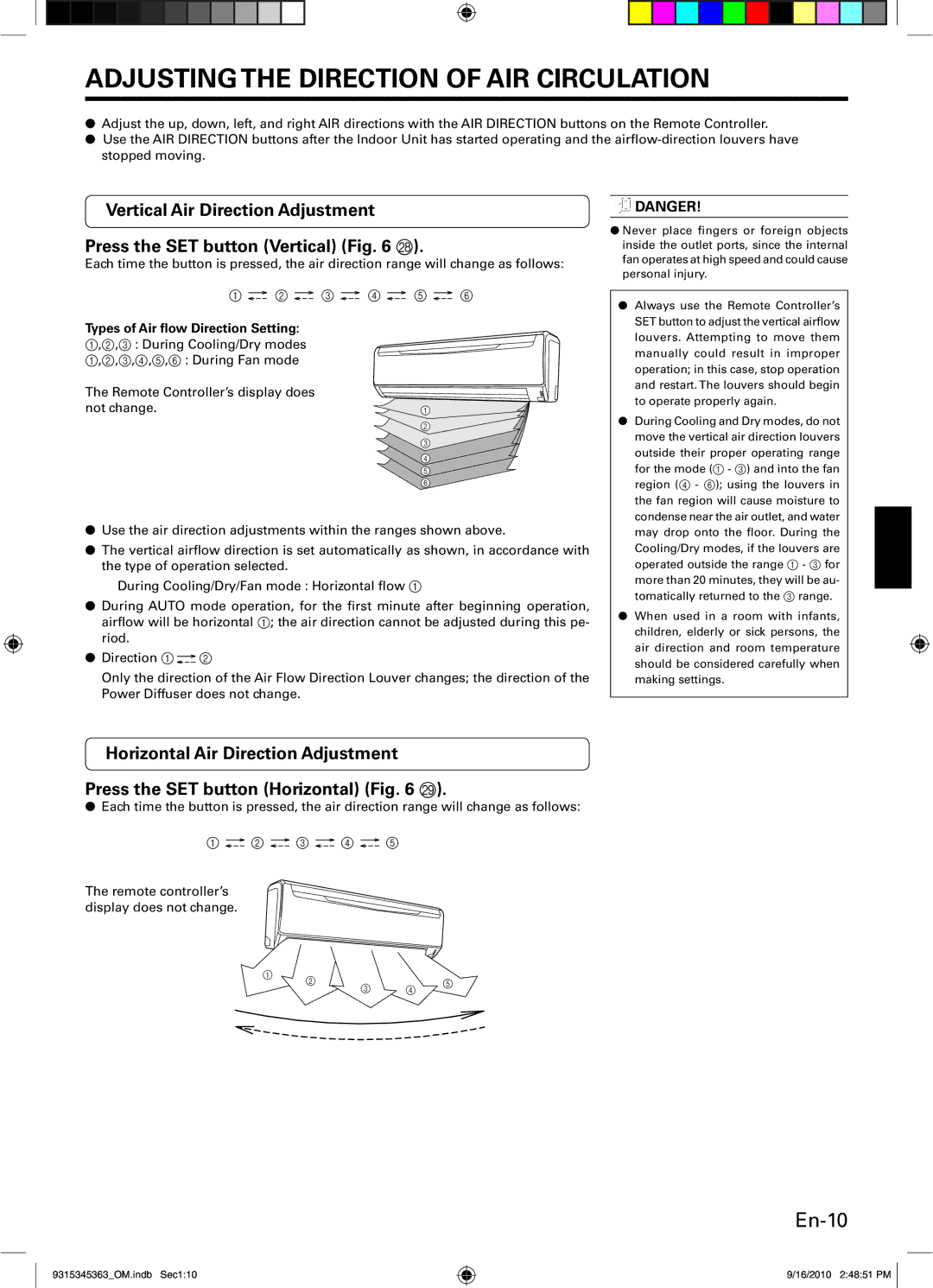 Fujitsu INVERTER, ASU36CLX1 manual Adjusting the Direction of AIR Circulation, En-10, Types of Air ﬂow Direction Setting 