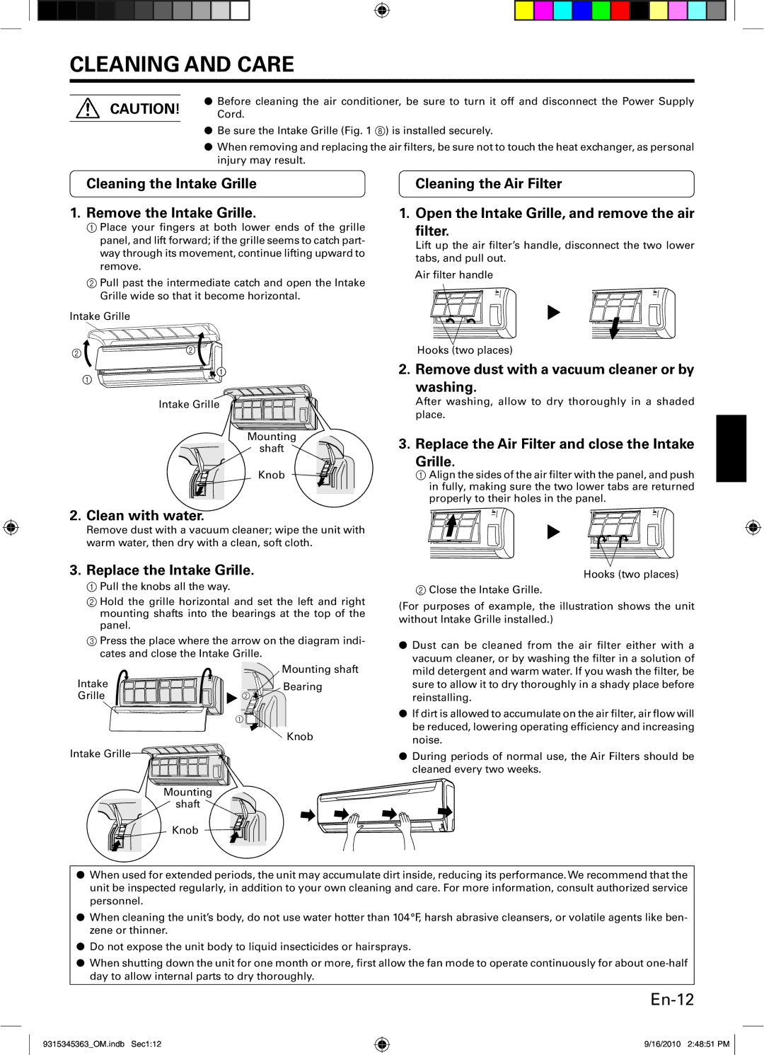 Fujitsu ASU30CLX1, Outdoor Unit AOU30CLX1, INVERTER, ASU36CLX1, AOU36CLX1 manual Cleaning and Care, En-12 