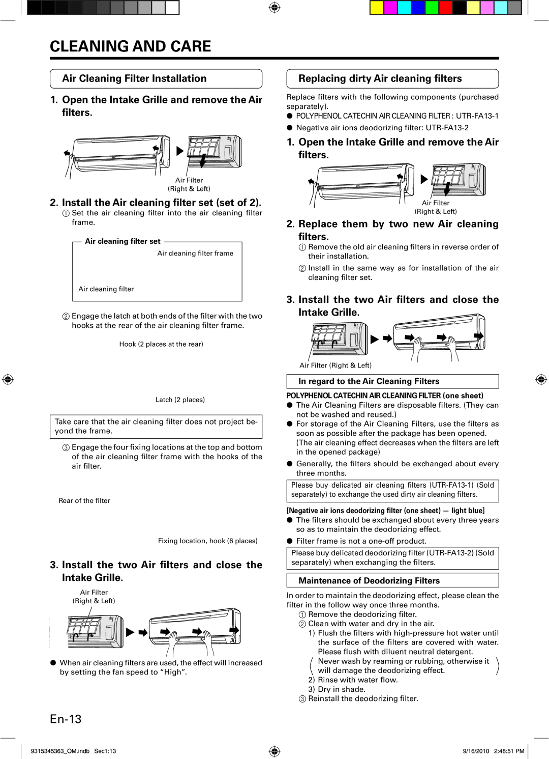 Fujitsu AOU36CLX1 En-13, Install the Air cleaning ﬁlter set set, Install the two Air ﬁlters and close the Intake Grille 