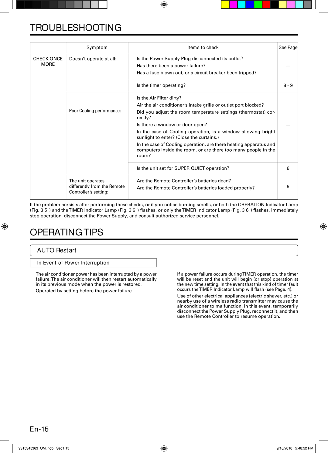 Fujitsu INVERTER, ASU36CLX1 manual Operating Tips, En-15, Auto Restart, Event of Power Interruption, Symptom Items to check 