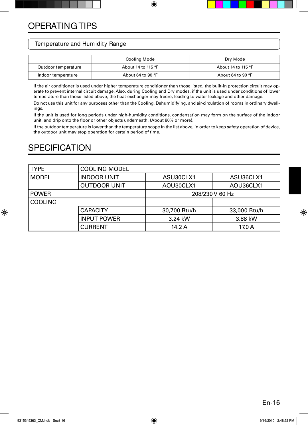 Fujitsu ASU36CLX1 manual Specification, En-16, Temperature and Humidity Range, Cooling Mode Dry Mode Outdoor temperature 