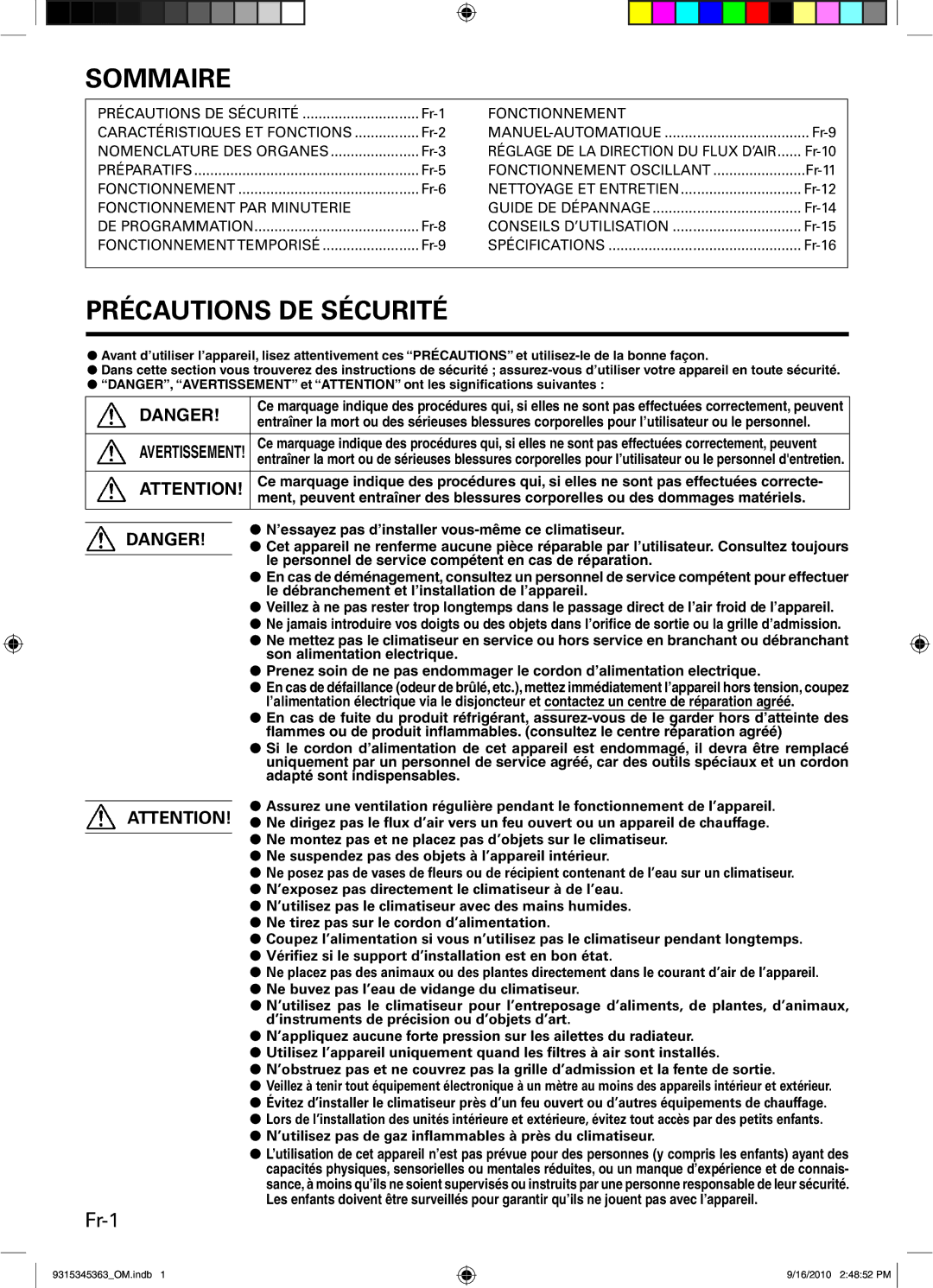 Fujitsu ASU30CLX1 manual Sommaire, Précautions DE Sécurité, Fr-1, ’utilisez pas de gaz inﬂammables à près du climatiseur 