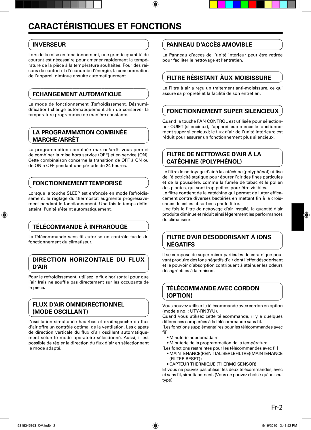 Fujitsu AOU36CLX1, Outdoor Unit AOU30CLX1, INVERTER Caractéristiques ET Fonctions, Fr-2, Capteur Thermique Thermo Sensor 