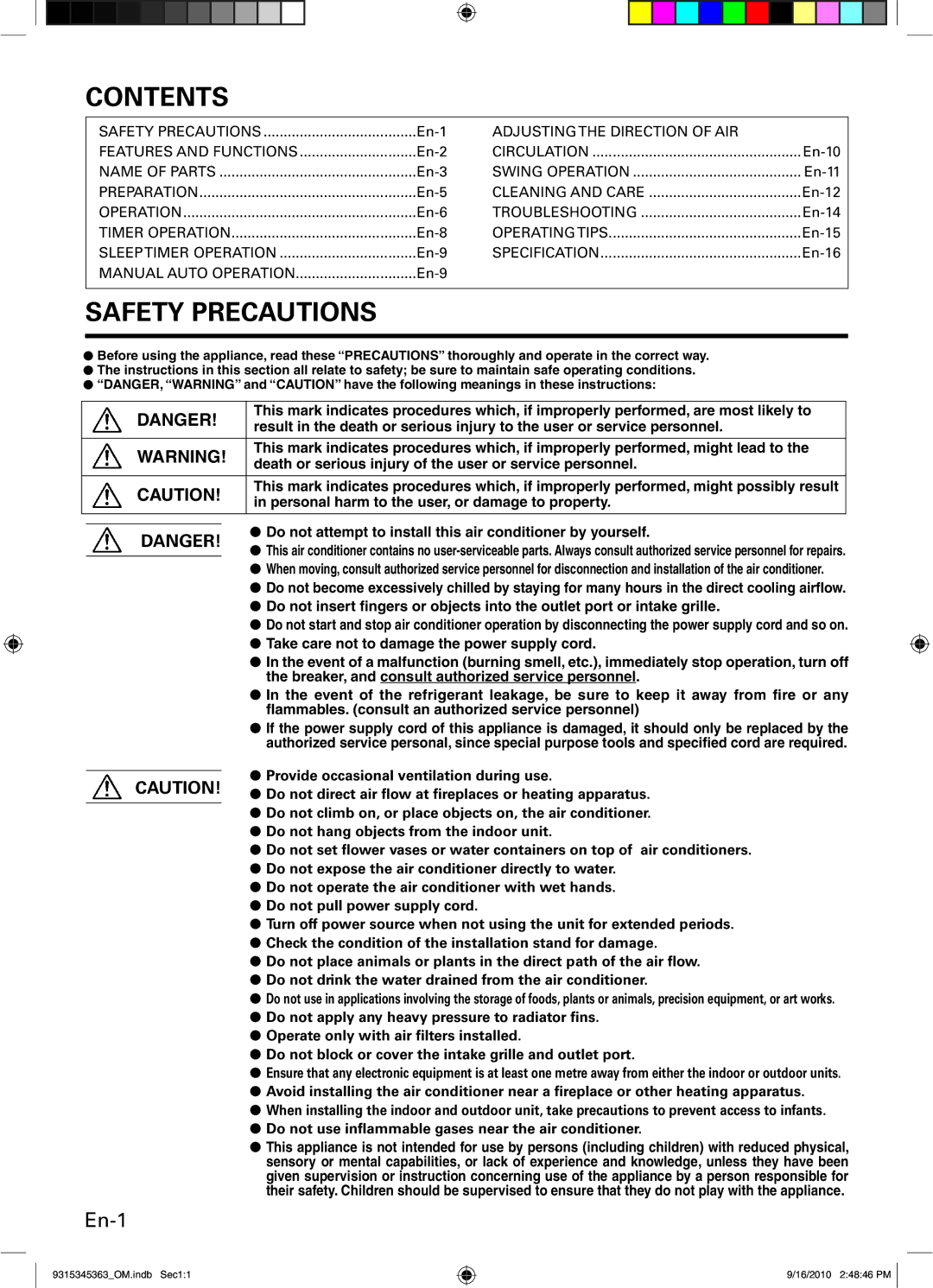 Fujitsu ASU36CLX1, Outdoor Unit AOU30CLX1, INVERTER, ASU30CLX1, AOU36CLX1 manual Contents, Safety Precautions 