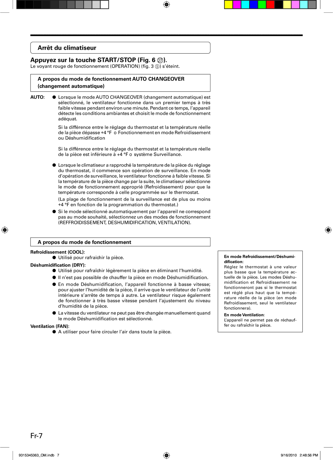 Fujitsu AOU36CLX1 manual Fr-7, Arrêt du climatiseur Appuyez sur la touche START/STOP Q, Propos du mode de fonctionnement 