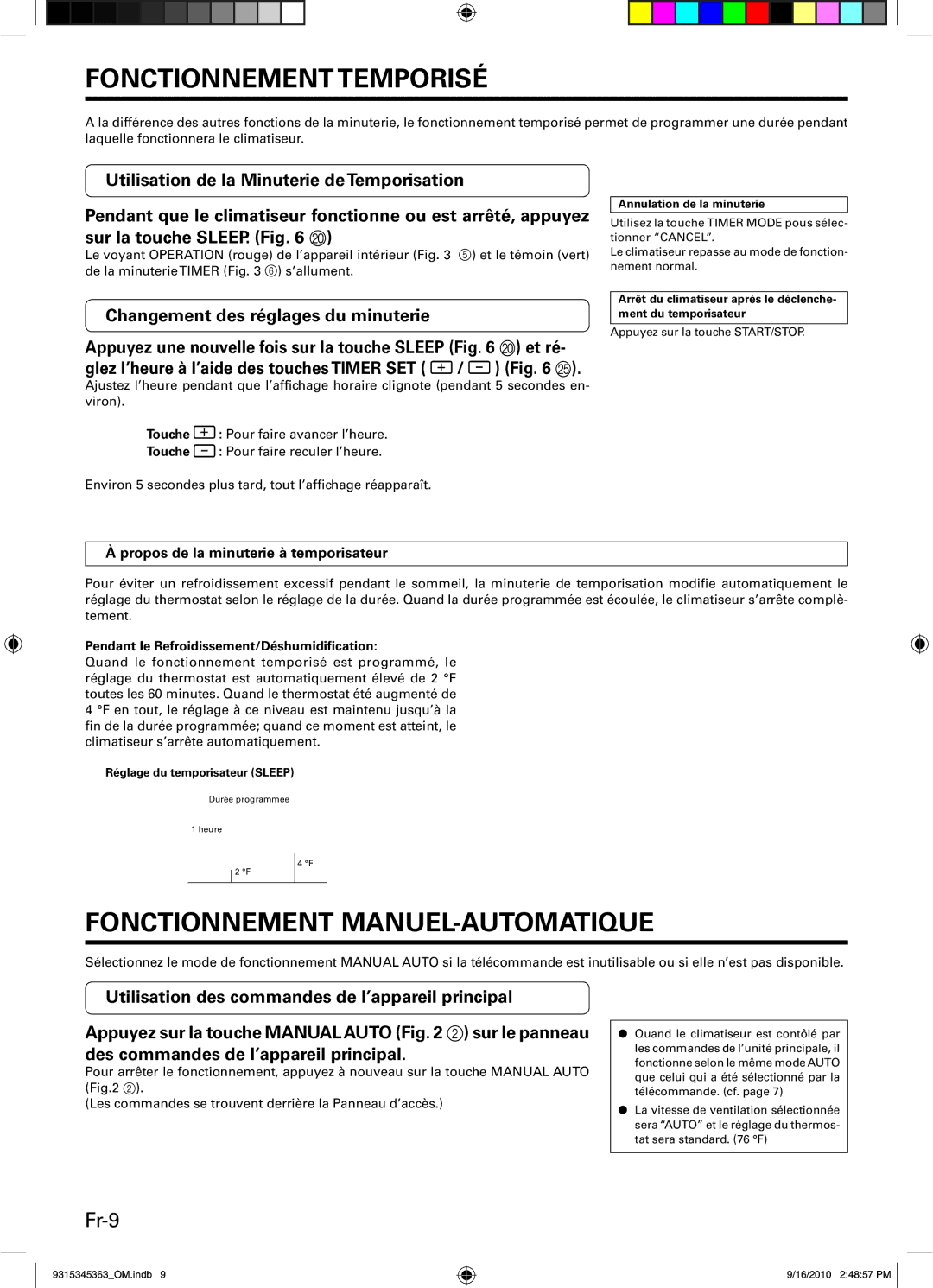 Fujitsu INVERTER, Outdoor Unit AOU30CLX1, ASU36CLX1 manual Fonctionnement Temporisé, Fonctionnement MANUEL-AUTOMATIQUE, Fr-9 