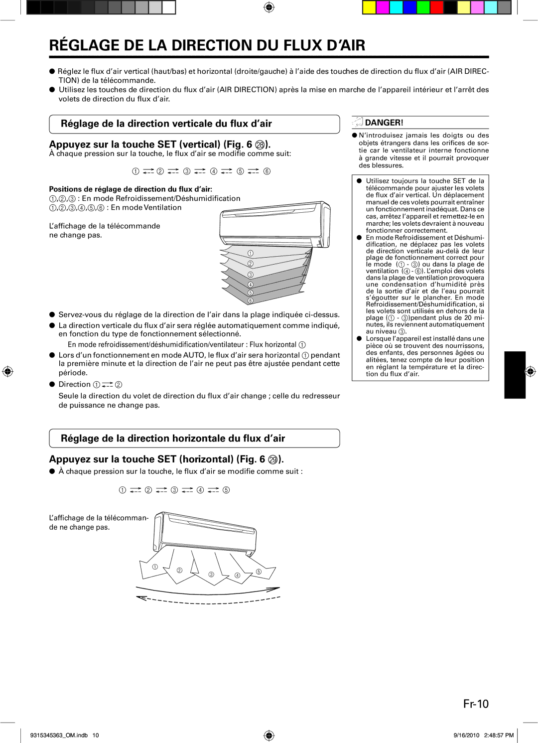 Fujitsu ASU36CLX1, INVERTER Réglage DE LA Direction DU Flux D’AIR, Fr-10, Positions de réglage de direction du ﬂux d’air 