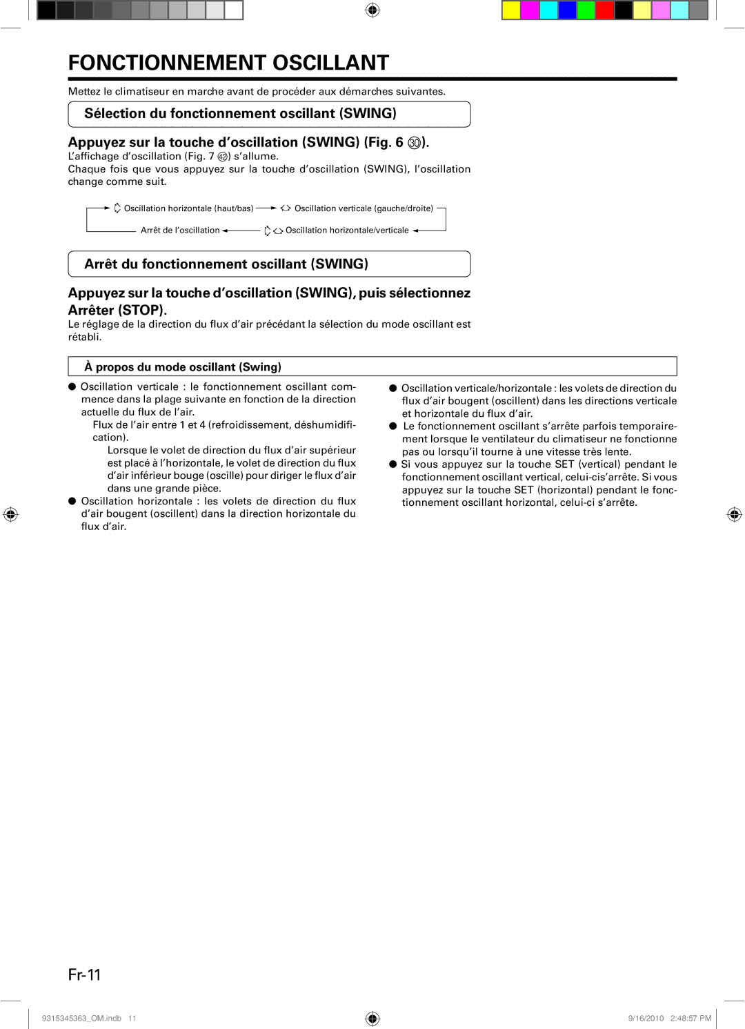 Fujitsu ASU30CLX1, Outdoor Unit AOU30CLX1, INVERTER manual Fonctionnement Oscillant, Fr-11, Propos du mode oscillant Swing 