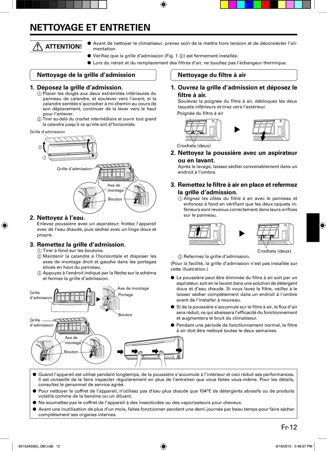 Fujitsu AOU36CLX1 Nettoyage ET Entretien, Fr-12, Nettoyez la poussière avec un aspirateur ou en lavant, Nettoyez à l’eau 