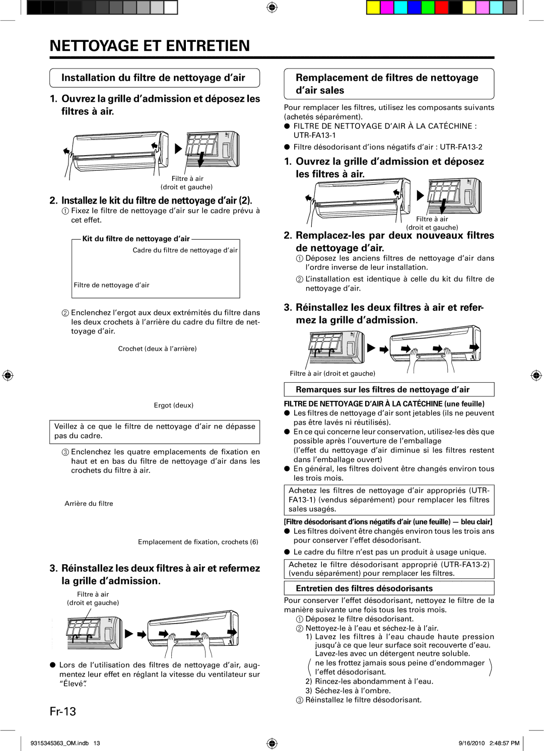 Fujitsu Outdoor Unit AOU30CLX1 Fr-13, Remplacement de ﬁltres de nettoyage d’air sales, Entretien des ﬁltres désodorisants 