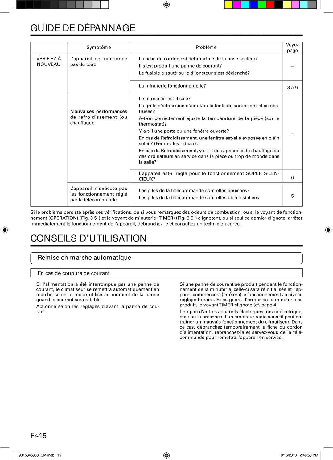 Fujitsu ASU36CLX1, INVERTER manual Conseils D’UTILISATION, Fr-15, Remise en marche automatique, En cas de coupure de courant 