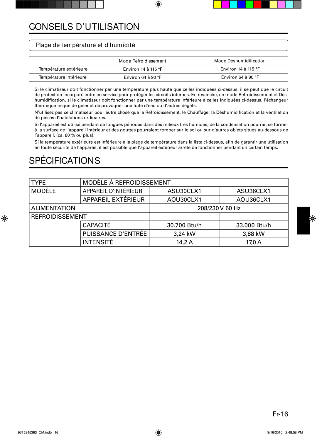 Fujitsu ASU30CLX1 Spécifications, Fr-16, Plage de température et d’humidité, Température intérieure Environ 64 à 90 F 