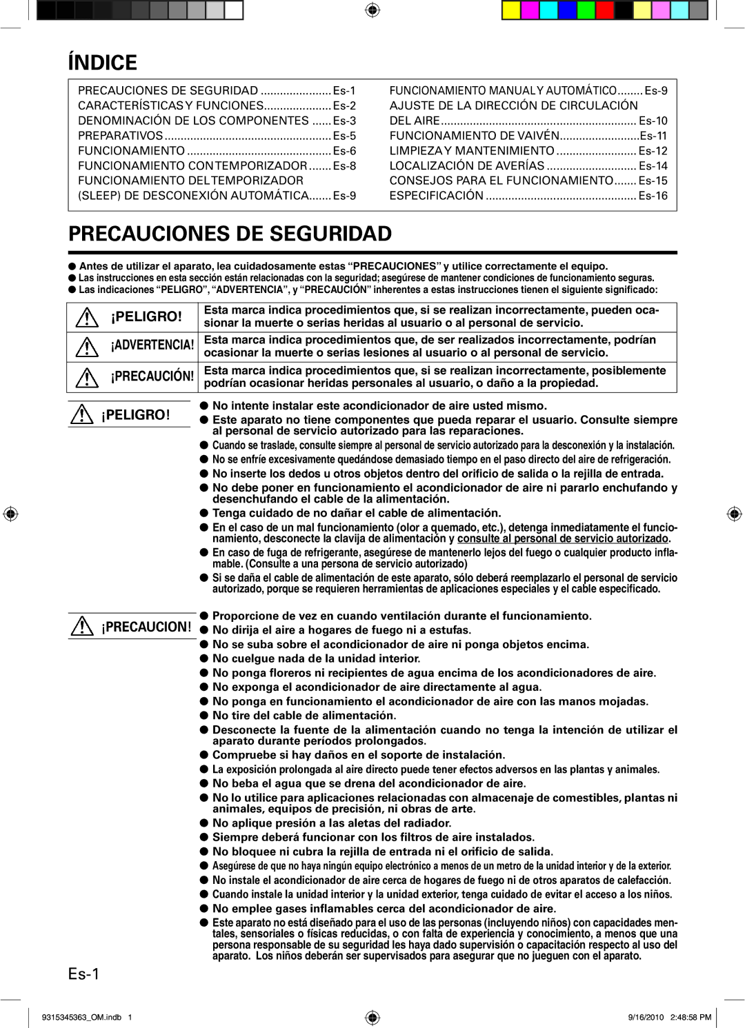 Fujitsu AOU36CLX1 Índice, Precauciones DE Seguridad, Es-1, No emplee gases inﬂamables cerca del acondicionador de aire 