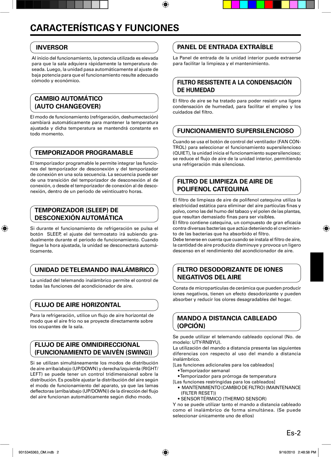 Fujitsu Outdoor Unit AOU30CLX1, INVERTER, ASU36CLX1, ASU30CLX1, AOU36CLX1 manual Características Y Funciones, Es-2 