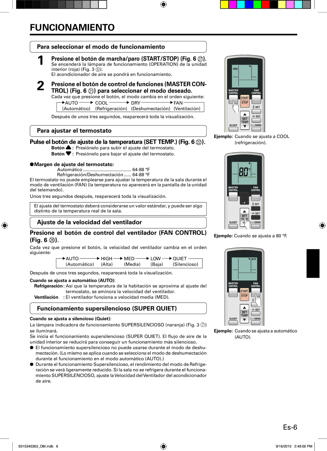 Fujitsu AOU36CLX1, INVERTER Funcionamiento, Es-6, Para seleccionar el modo de funcionamiento, Para ajustar el termostato 