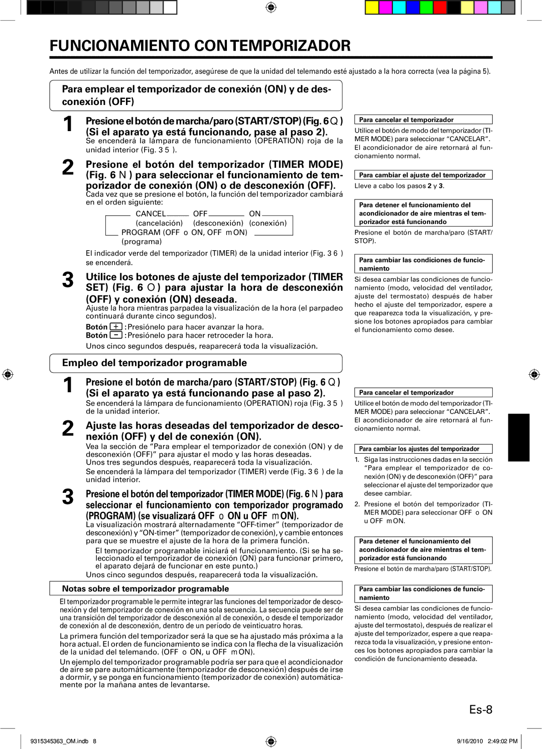 Fujitsu INVERTER, Outdoor Unit AOU30CLX1, ASU36CLX1, ASU30CLX1, AOU36CLX1 manual Funcionamiento CON Temporizador, Es-8 