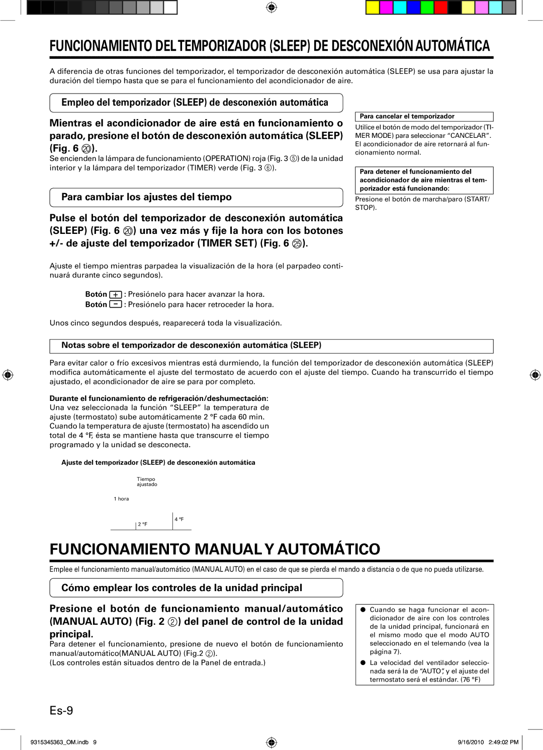 Fujitsu ASU36CLX1, Outdoor Unit AOU30CLX1 Funcionamiento Manual Y Automático, Es-9, Para cambiar los ajustes del tiempo 