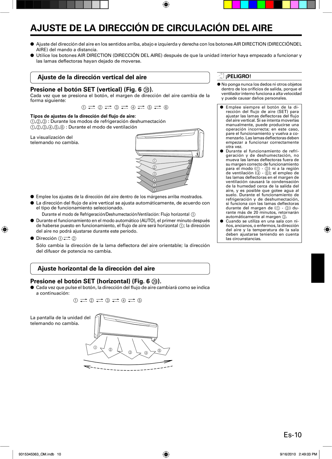 Fujitsu ASU30CLX1 Ajuste DE LA Dirección DE Circulación DEL Aire, Es-10, Tipos de ajustes de la dirección del ﬂujo de aire 