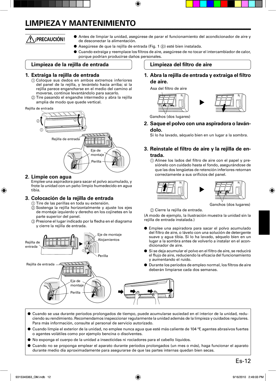 Fujitsu Outdoor Unit AOU30CLX1, INVERTER, ASU36CLX1, ASU30CLX1, AOU36CLX1 manual Limpieza Y Mantenimiento, Es-12 