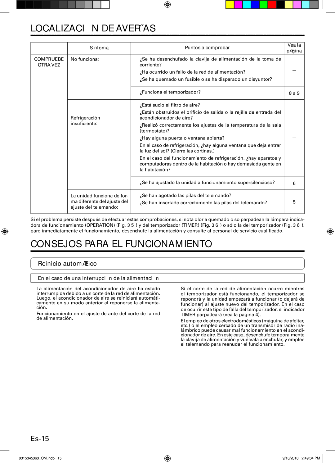 Fujitsu ASU30CLX1 Consejos Para EL Funcionamiento, Es-15, Reinicio automático, Síntoma Puntos a comprobar Vea la Página 