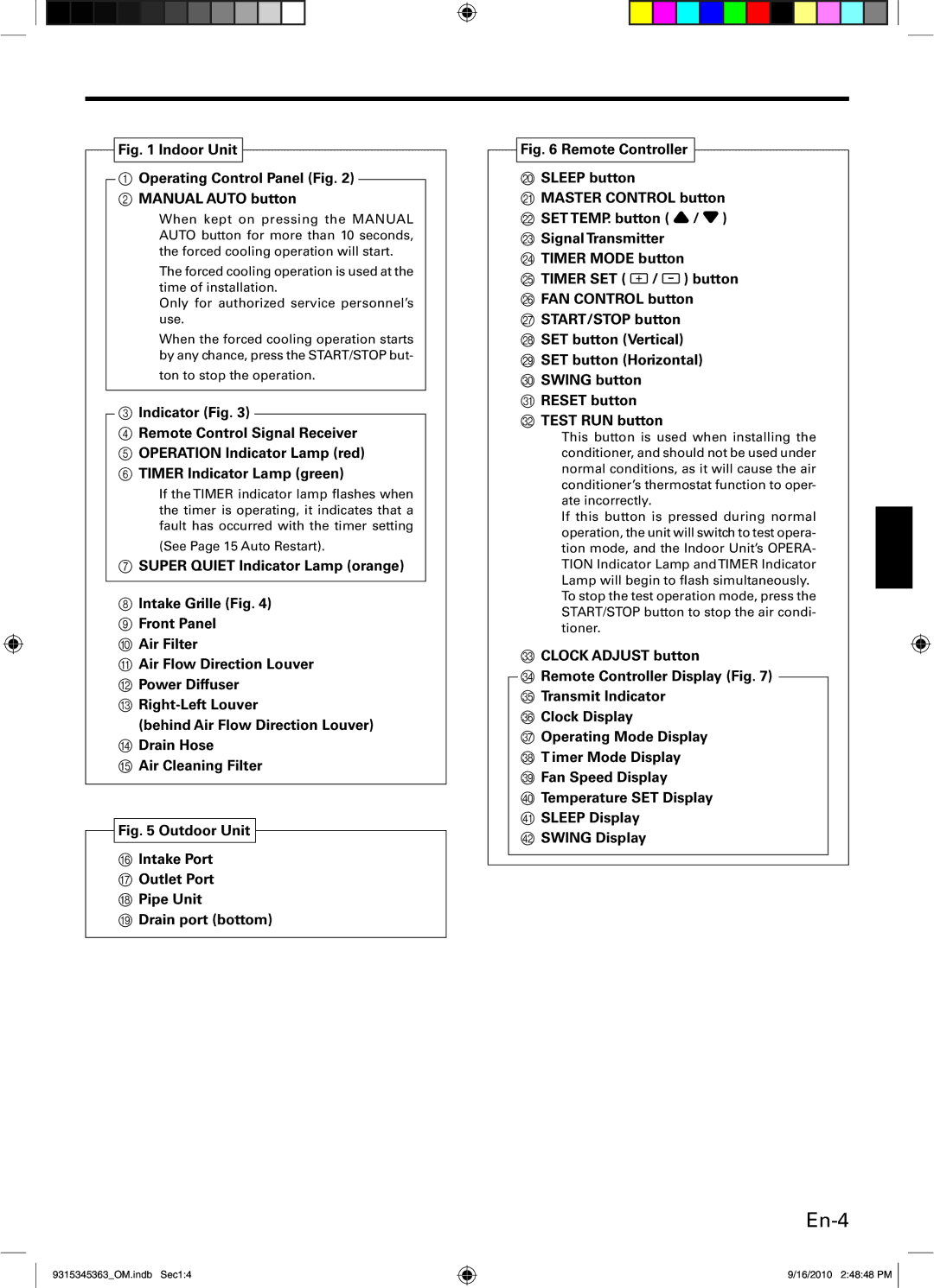 Fujitsu Outdoor Unit AOU30CLX1, INVERTER, ASU36CLX1 manual En-4, Indoor Unit Operating Control Panel Fig Manual Auto button 