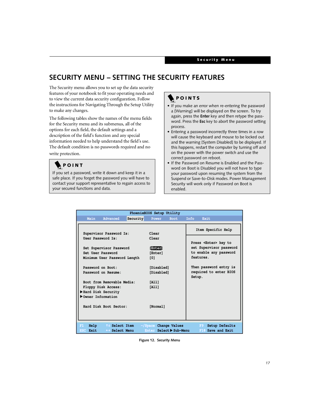 Fujitsu P-1035, P-1032 manual Security Menu Setting the Security Features 