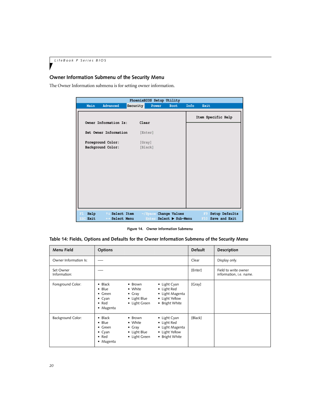 Fujitsu P-1032 Owner Information Submenu of the Security Menu, Owner Information submenu is for setting owner information 