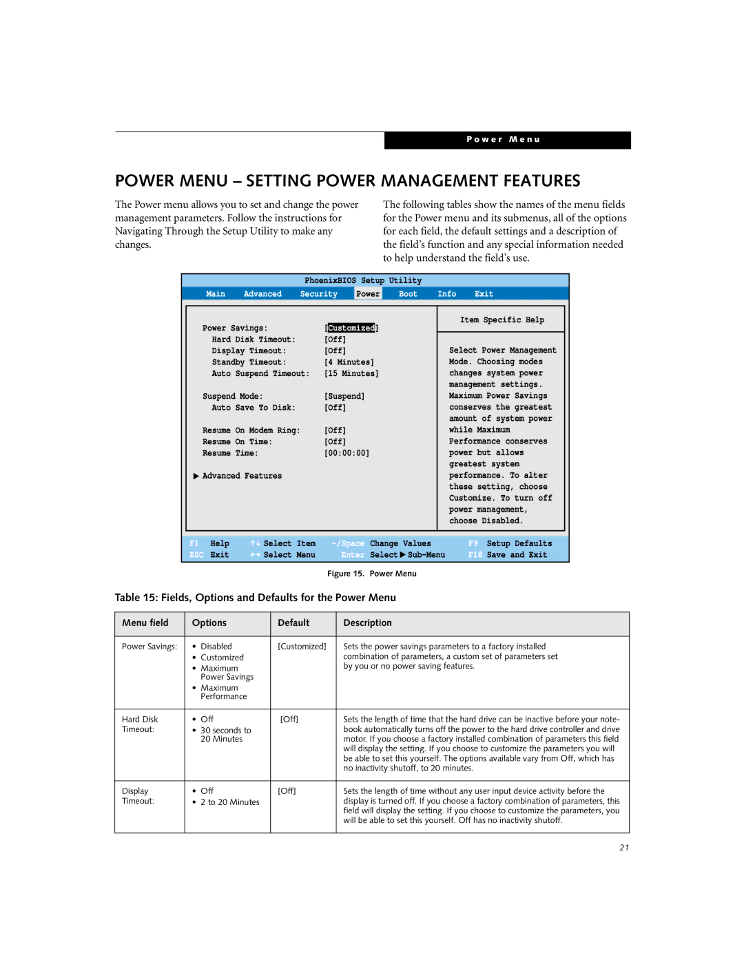 Fujitsu P-1035, P-1032 manual Power Menu Setting Power Management Features, Fields, Options and Defaults for the Power Menu 