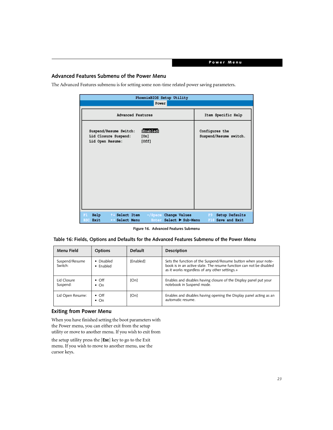 Fujitsu P-1035, P-1032 manual Advanced Features Submenu of the Power Menu, Exiting from Power Menu 