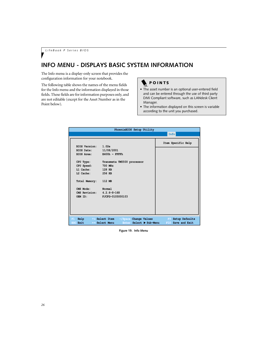 Fujitsu P-1032, P-1035 manual Info Menu Displays Basic System Information, I N T S 