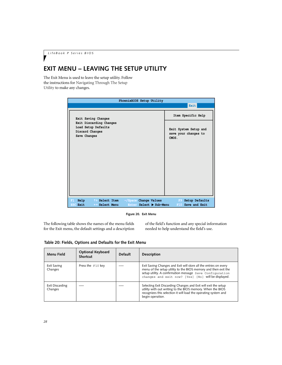 Fujitsu P-1032, P-1035 manual Exit Menu Leaving the Setup Utility, Fields, Options and Defaults for the Exit Menu 