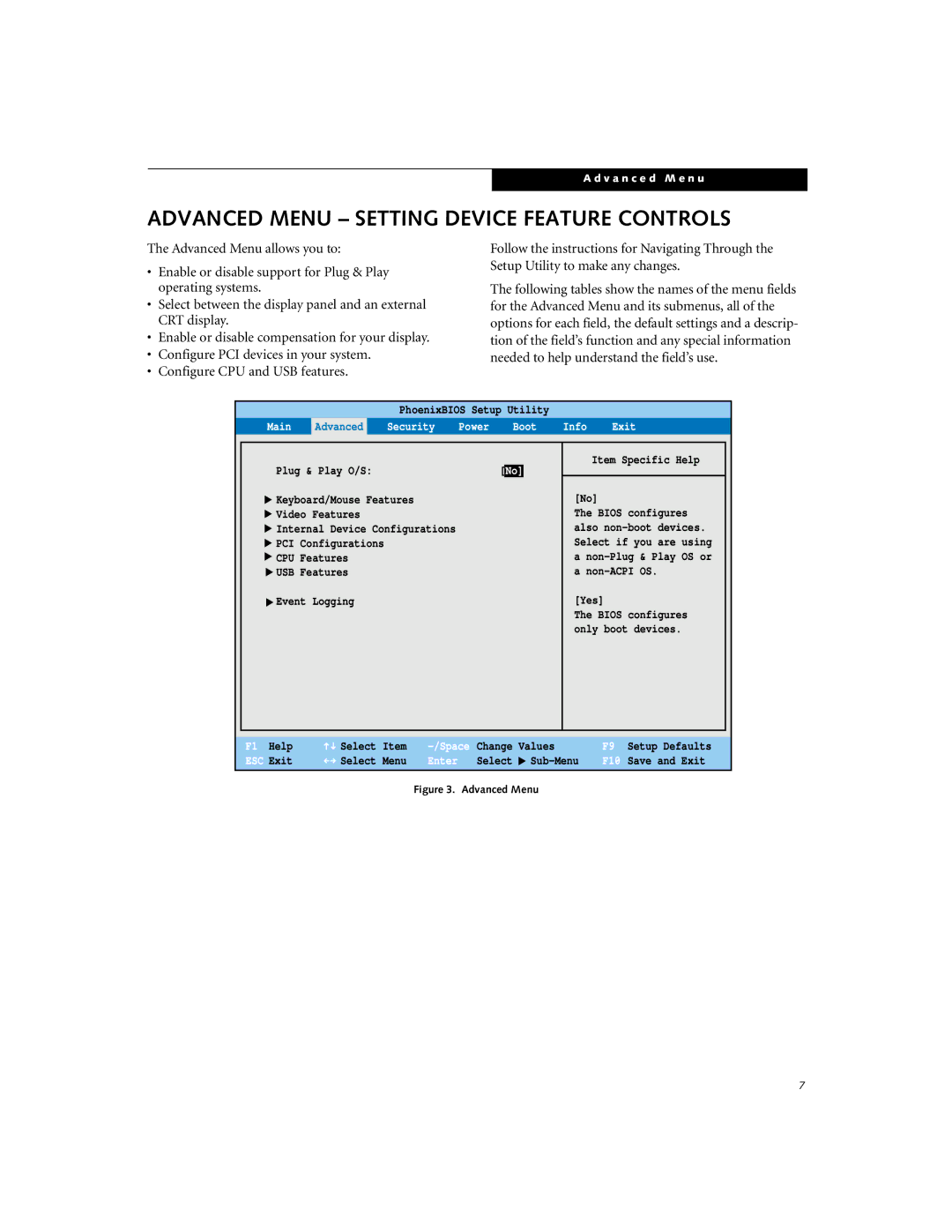 Fujitsu P-1035, P-1032 manual Advanced Menu Setting Device Feature Controls, Boot Info Exit 