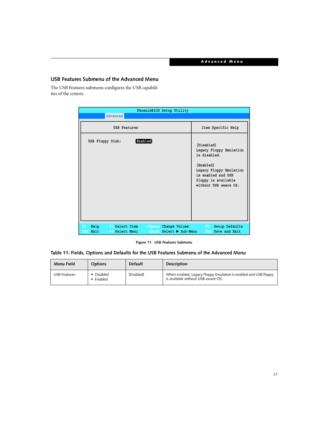 Fujitsu P-2040 manual USB Features Submenu of the Advanced Menu 