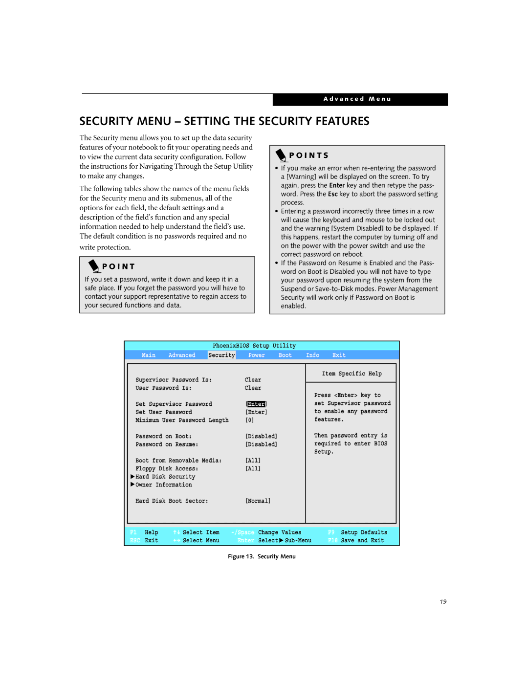 Fujitsu P-2040 manual Security Menu Setting the Security Features, Power Boot 