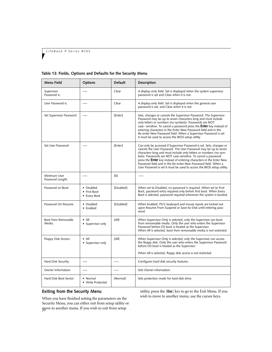 Fujitsu P-2040 manual Exiting from the Security Menu, Fields, Options and Defaults for the Security Menu 