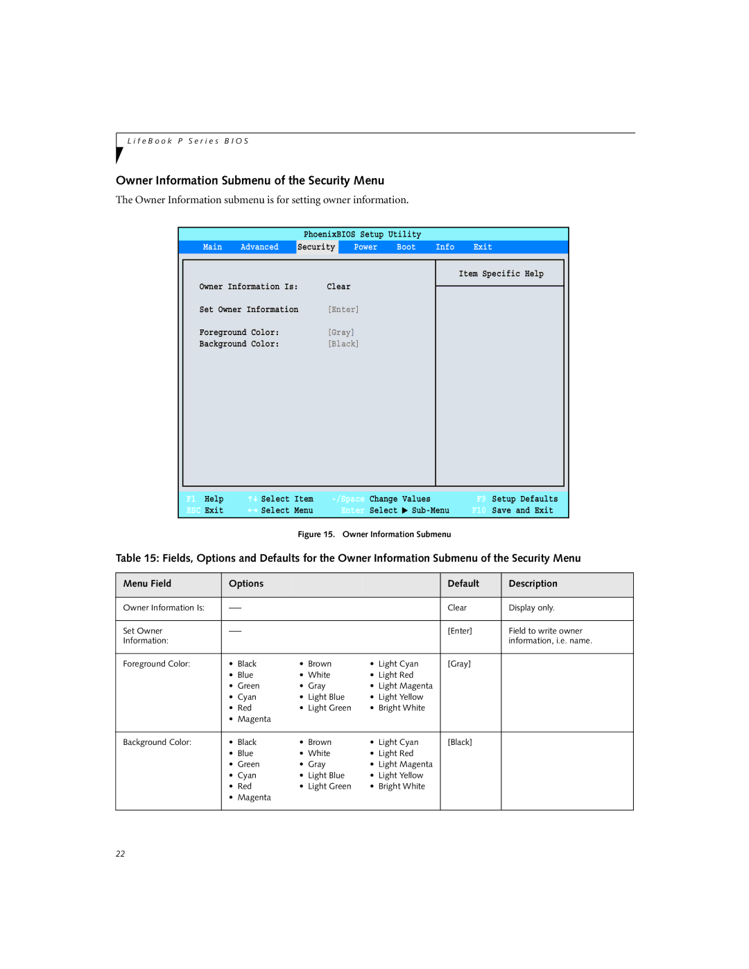 Fujitsu P-2040 manual Owner Information Submenu of the Security Menu, Main Advanced Security Power Boot Info Exit 