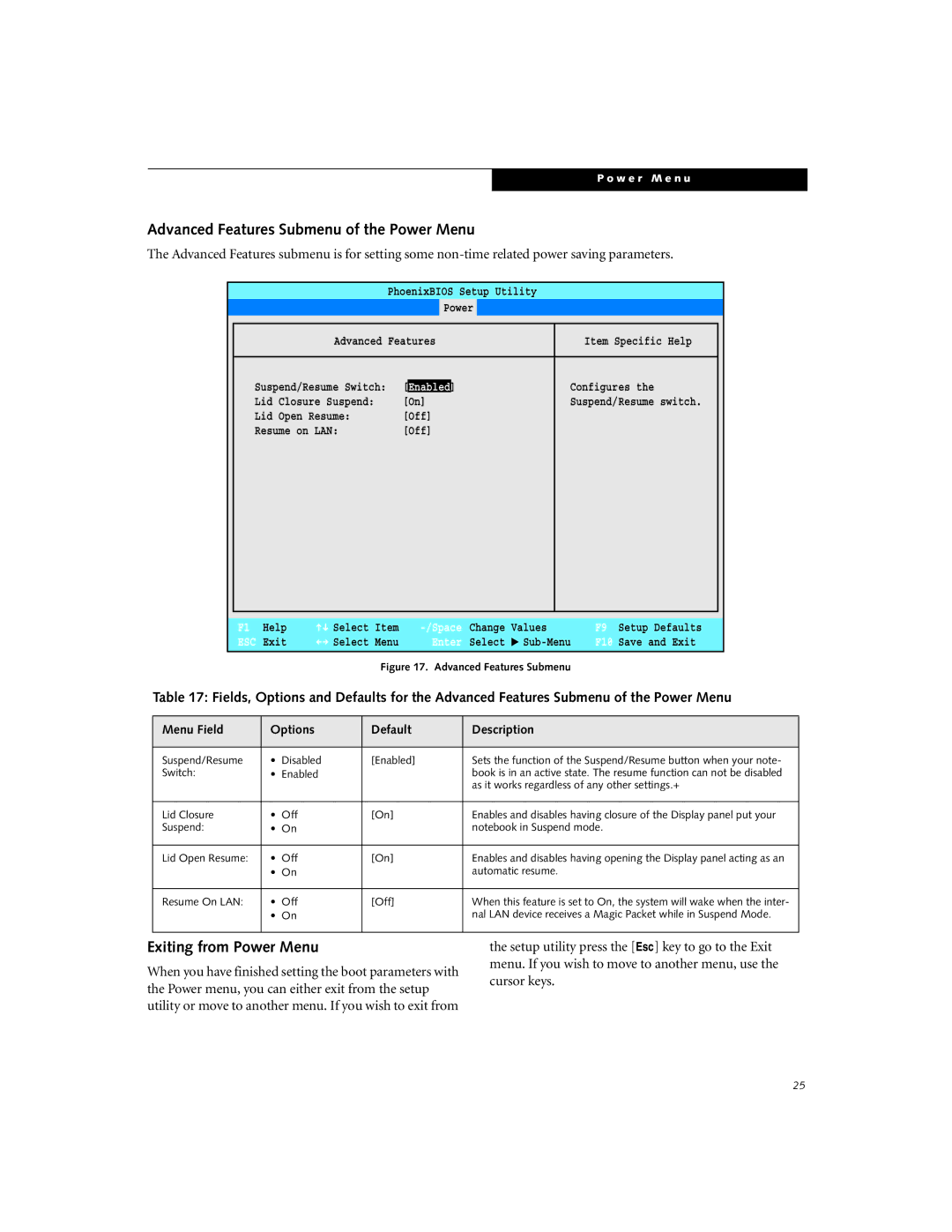 Fujitsu P-2040 manual Advanced Features Submenu of the Power Menu, Exiting from Power Menu, Enabled 