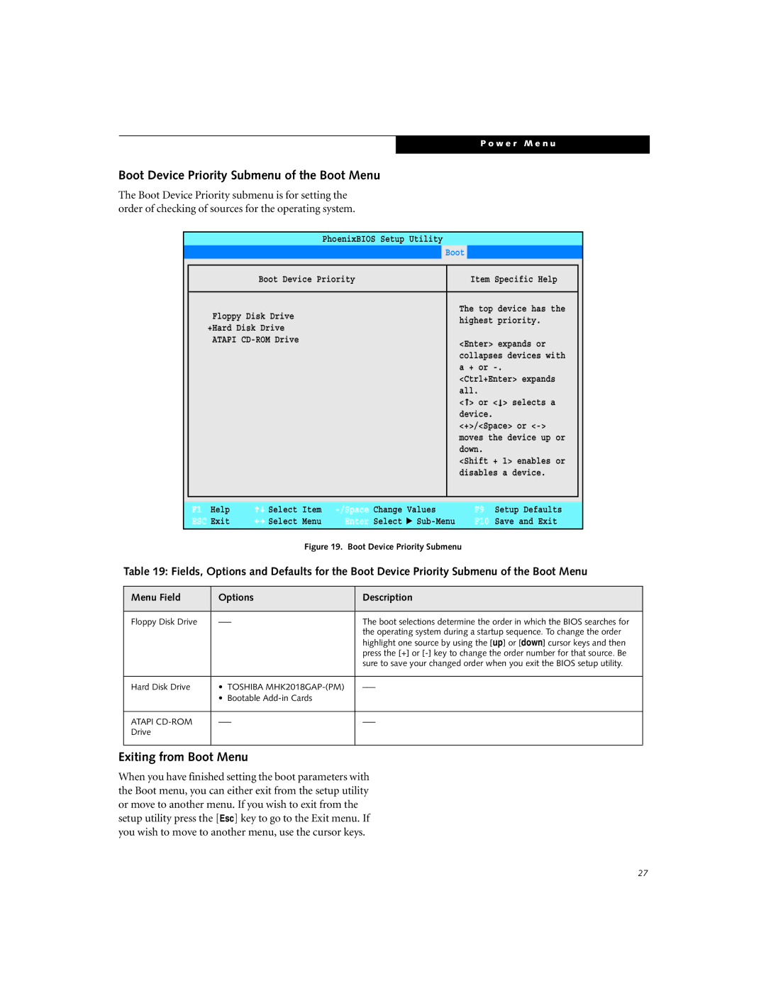 Fujitsu P-2040 manual Boot Device Priority Submenu of the Boot Menu, Exiting from Boot Menu, Menu Field Options Description 