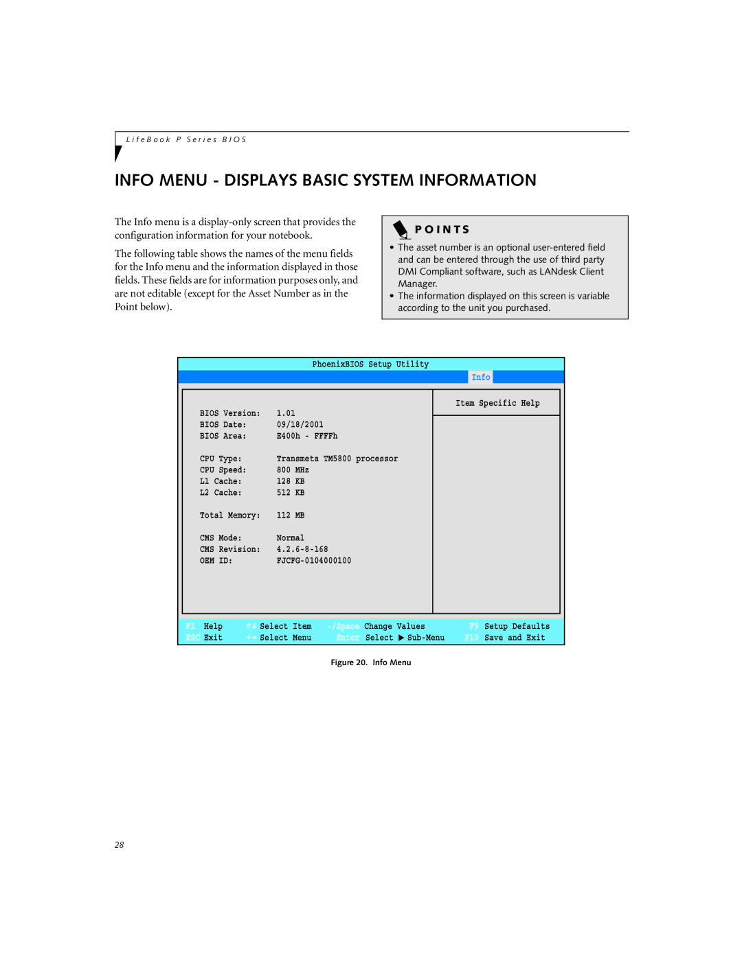 Fujitsu P-2040 manual Info Menu Displays Basic System Information, I N T S 