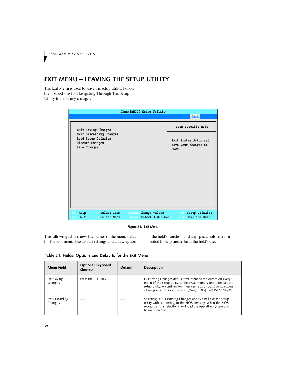 Fujitsu P-2040 manual Exit Menu Leaving the Setup Utility, Fields, Options and Defaults for the Exit Menu 