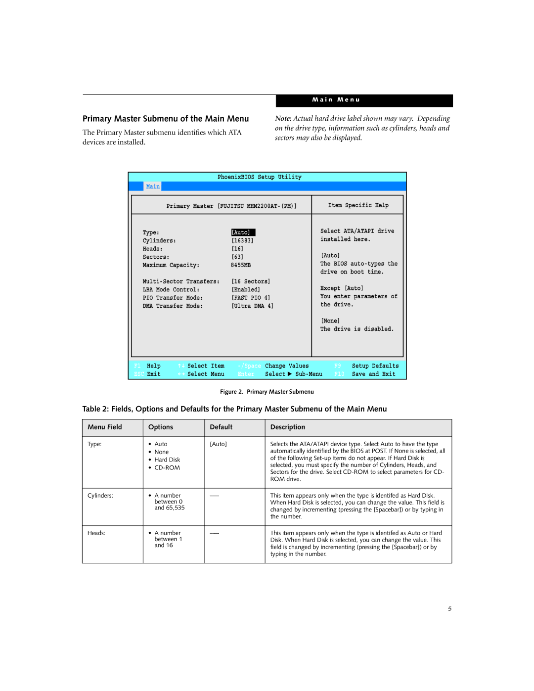 Fujitsu P-2040 manual Primary Master Submenu of the Main Menu, Exit 