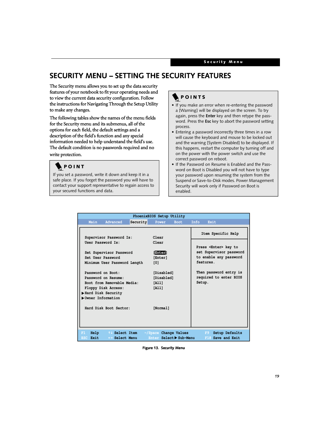 Fujitsu P-2046 manual Security Menu - Setting The Security Features, P O I N T S 