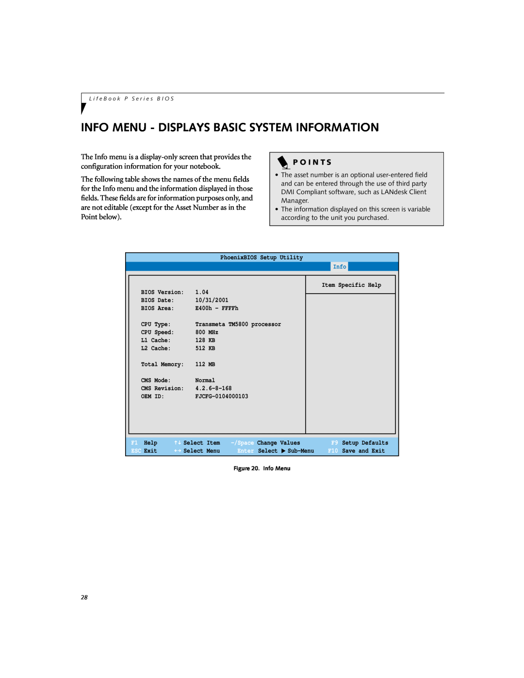 Fujitsu P-2046 manual Info Menu - Displays Basic System Information, P O I N T S 