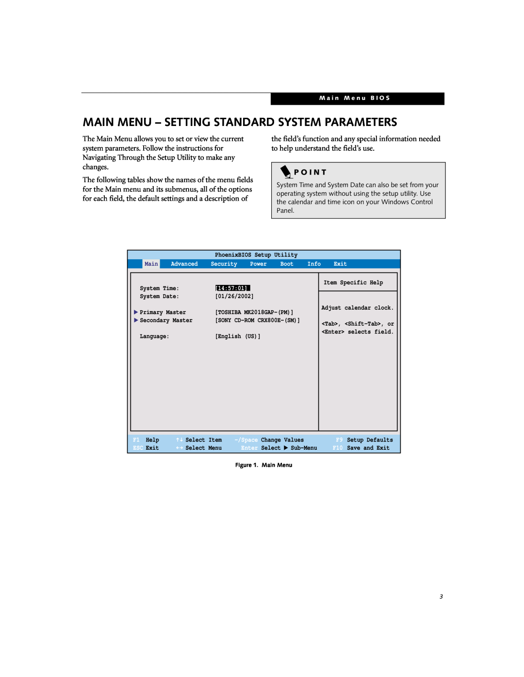Fujitsu P-2046 manual Main Menu - Setting Standard System Parameters, P O I N T 