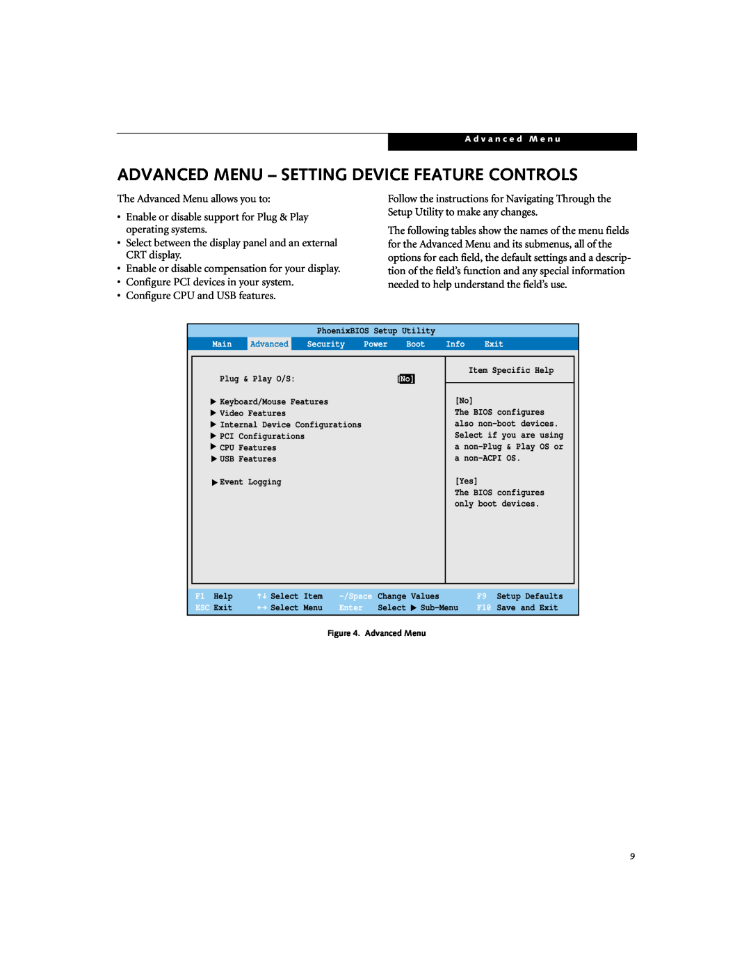Fujitsu P-2046 manual Advanced Menu - Setting Device Feature Controls 